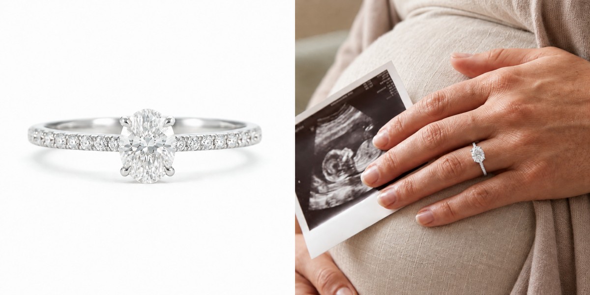 Bague de fiançailles ovale en diamant de synthèse présentée aux côtés d’une femme enceinte tenant une échographie  - Laveran Paris